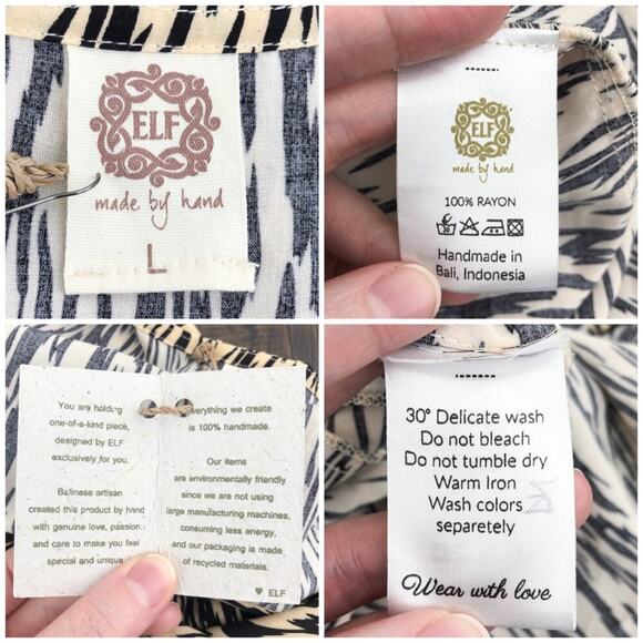 ELF Made by Hand Set Sail Wrap Dress Midi Puff Sleeves Size Large Tan Brown - Picture 11 of 16